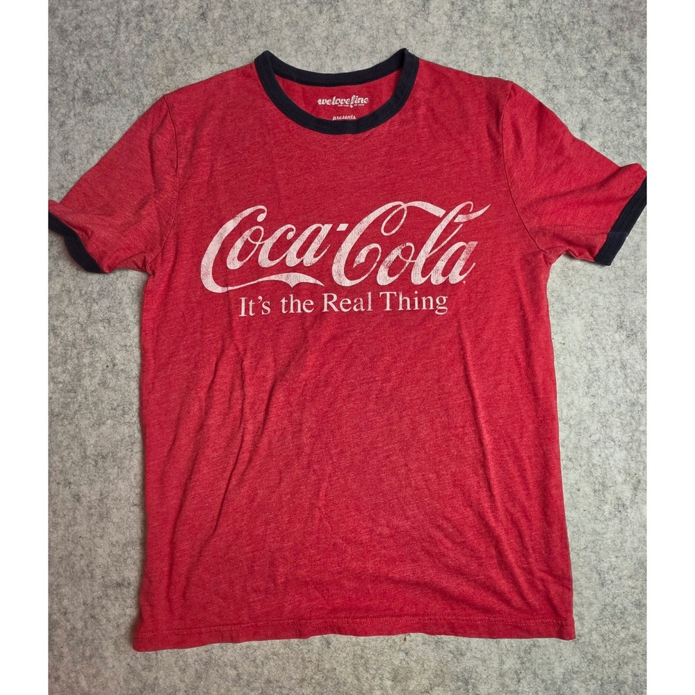 Coca-Cola We Love Fine Ringer Tee Heather Red Distressed Graphic Shirt Small